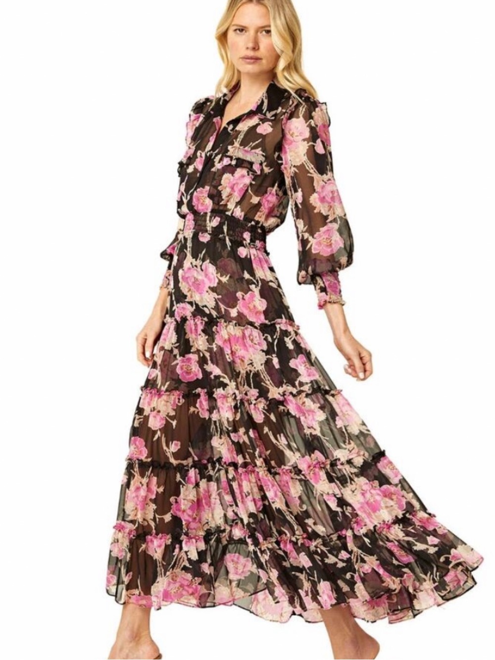 Misa Los Angeles Black Maxi Dress with Pink Floral Print